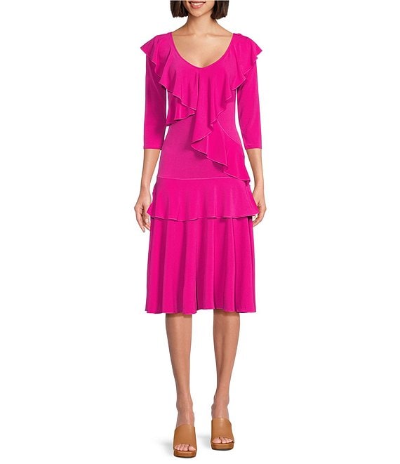 Eva Varro Solid Knit Jersey V-Neck 3/4 Sleeve Asymmetric Double Ruffle  Tiered A-Line Midi Dress