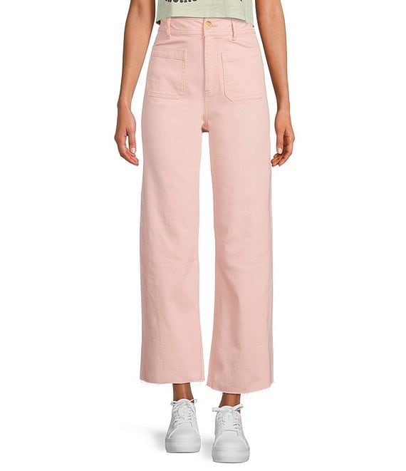 Color:Pink - Image 1 - Patch Pocket High Rise Frayed Hem Wide Leg Jeans