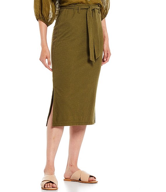 Color:Olive - Image 1 - Tie Waist Knit Side Slit Midi Wrap Skirt
