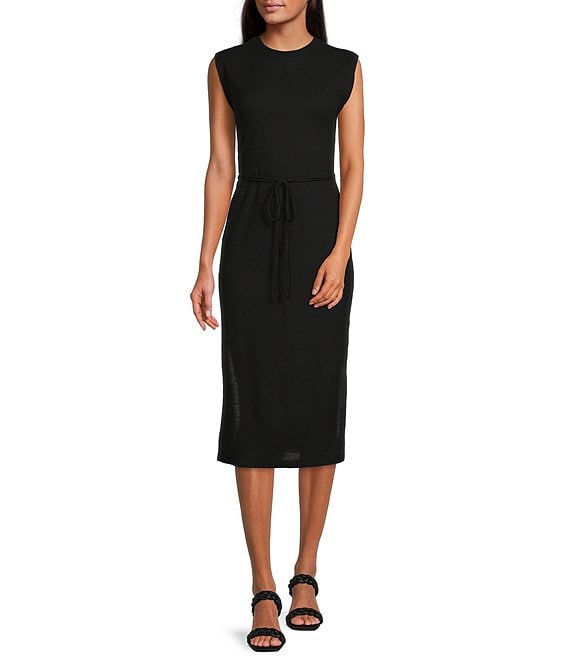 Color:Black - Image 1 - Crew Neck Tie Waist Sleeveless Thigh High Side Slit Knit Midi Dress