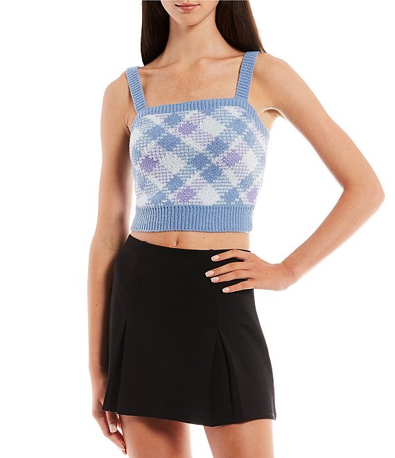 Color:Dark Chambray/Lavender - Image 1 - Argyle Sweater-Knit Square Neck Sleeveless Camisole