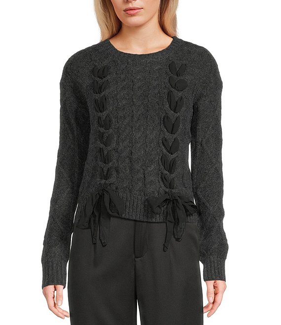 Evolutionary Crew Neck Front Bow Detail Long Sleeve Sweater, Charcoal - Image 1