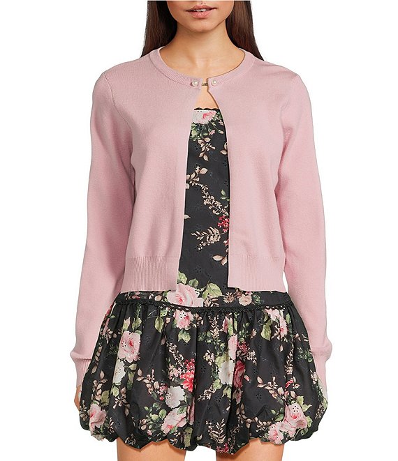 Evolutionary Crew Neck Long Sleeve Pearl Button Cardigan, Mauve - Image 1