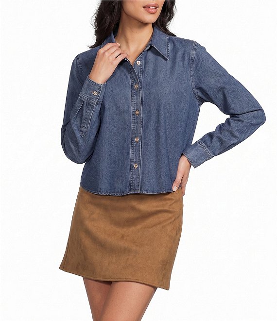 Evolutionary Denim Collared Button Front Long Sleeve Top