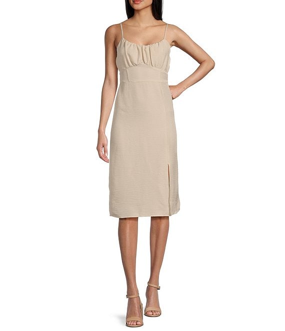 Evolutionary Emma Corset Front Slit Midi Dress, Flax - Image 1