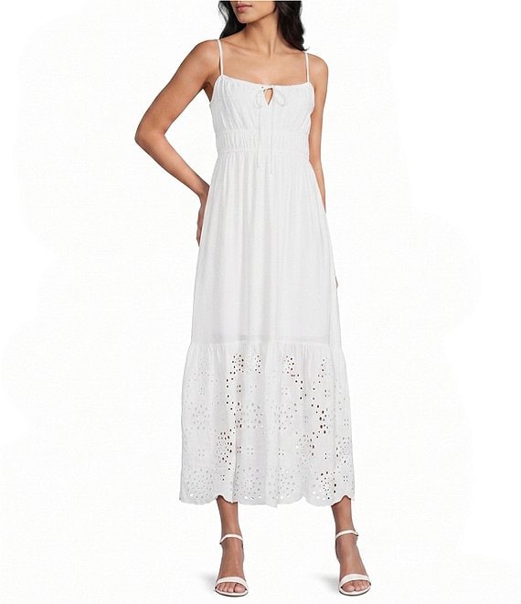 Evolutionary Eyelet Tie Front Tiered Maxi Dress
