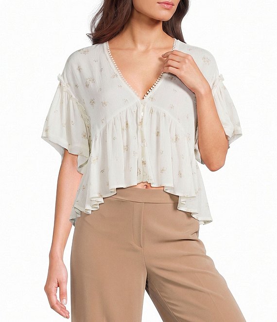 Evolutionary Floral Printed Deep V-Neck Top
