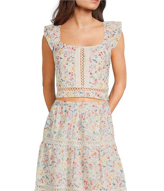 Evolutionary Floral Printed Eyelet Ruffle Short Sleeve Coordinating Top
