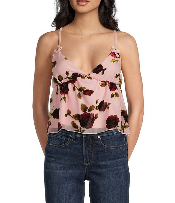 Evolutionary Floral Printed V-Neck Cami, Pink/Red - Image 1