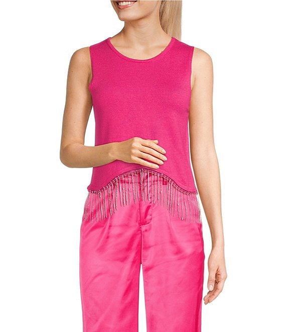 Color:Pink - Image 1 - Fringe Hem Sweater Tank Top