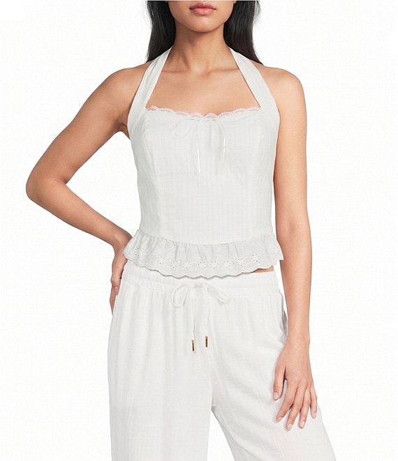 Evolutionary Halter Neck Tie Back Ruffle Hem Top
