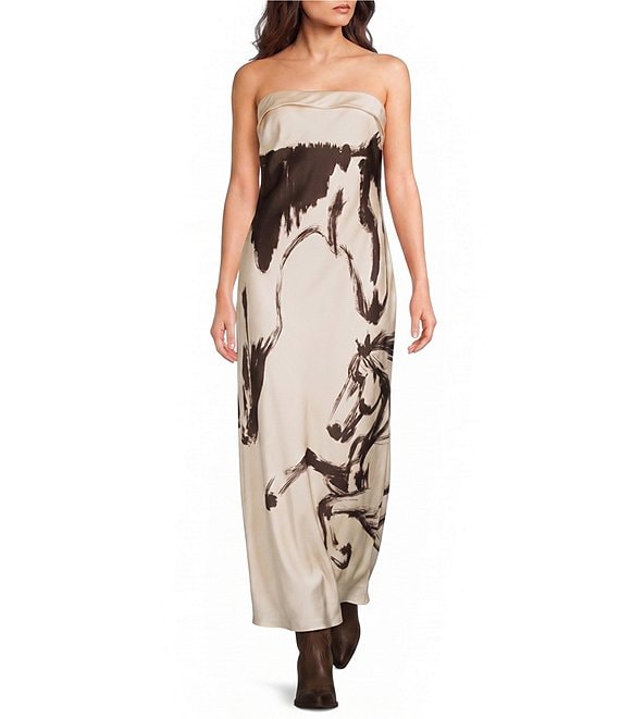 Evolutionary Horse Printed Strapless Maxi Dress