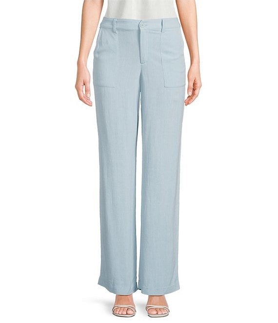 Evolutionary Linen Tencel Blend Mid Rise Button Front Flat Front Wide Leg Pants