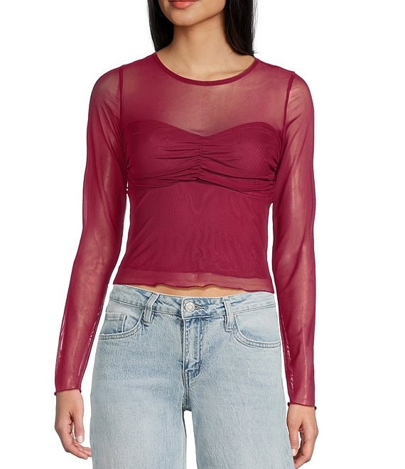 Evolutionary Mesh Boat Neck Long Sleeve Top, Wine - Image 1