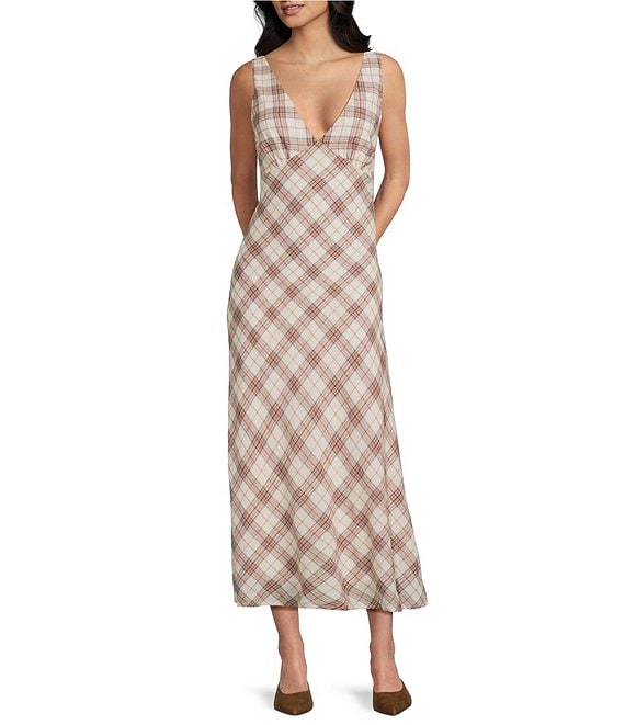 Evolutionary Plaid V-Neck Midi Dress