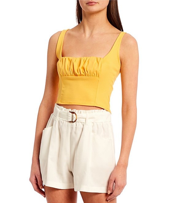 Color:Yellow - Image 1 - Square Neck Knit Ruched Inset Crop Tank Top