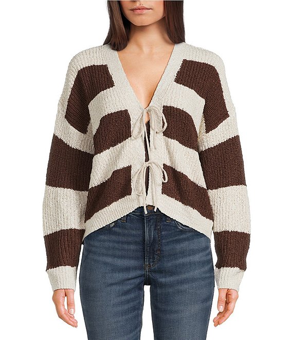 Evolutionary Striped Long Sleeve Tie Front Cardigan