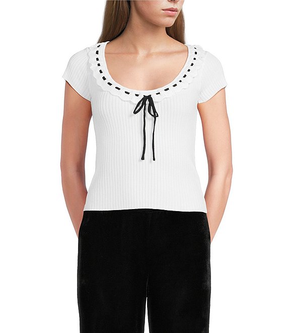 Evolutionary Sweater Knit Scoop Neck Cap Sleeve Tie Front Top