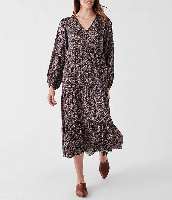 Color:Artisan Block Print - Image 1 - Isabella Floral Print V-Neck Long Sleeve Front Buttoned Tiered A-Line Midi Dress