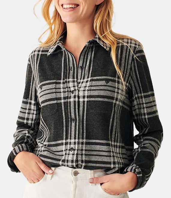 Color:Charcoal Bone Plaid - Image 1 - Legend Checked Print Long Sleeve Collared Shirt