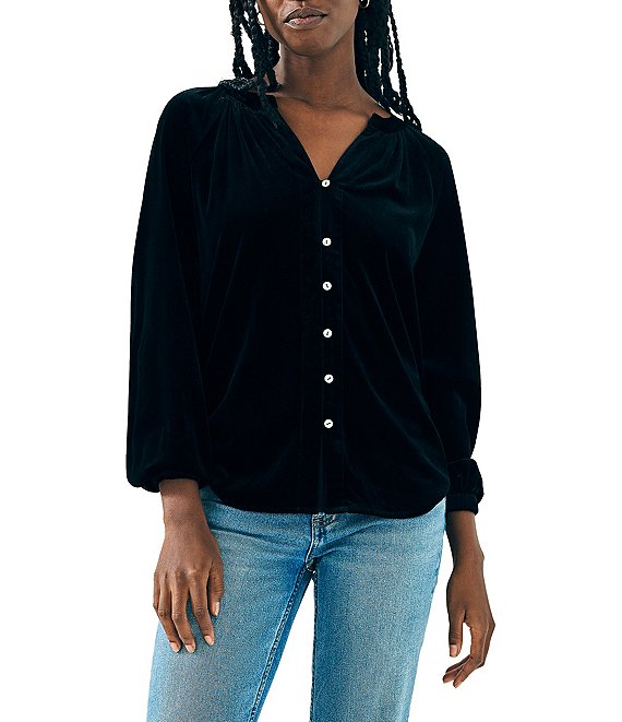 Color:Black - Image 1 - Naomi Velvet Split V-Neck Button Down Shirt