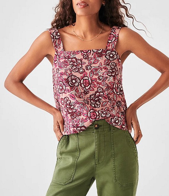 Faherty Pacifica Floral Print Square Neck Linen Boxy Tank