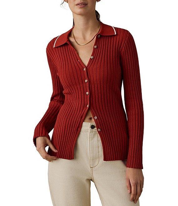 Faherty Ribbed Knit Spread Collar Long Sleeve Cardigan