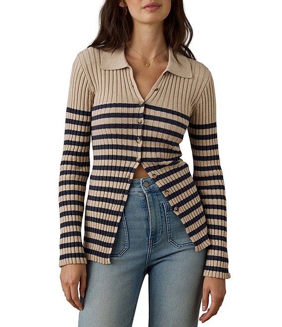 Faherty Ribbed Knit Spread Collar Striped Long Sleeve Cardigan