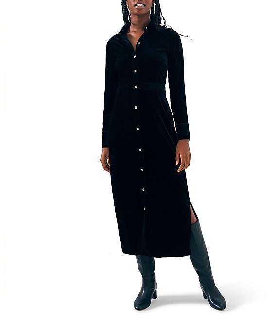 Color:Black - Image 1 - Stretch Velvet Long Sleeve Button Down Point Collar Maxi Shirt Dress