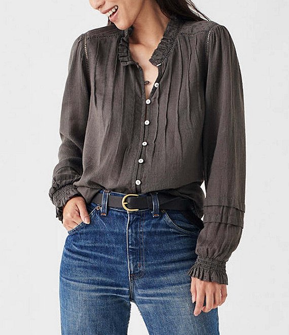 Color:Faded Black - Image 1 - Willa Ruffled Mock Neck Long Sleeve Picot Trim Agoya Button Front Blouse