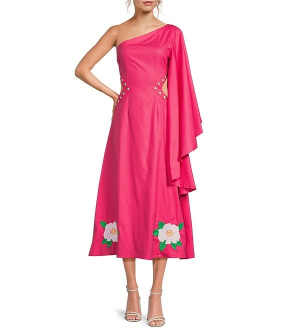 Fanm Mon Amarya One Shoulder Bell Sleeve Side Cut Out Floral Embroidered Midi Dress