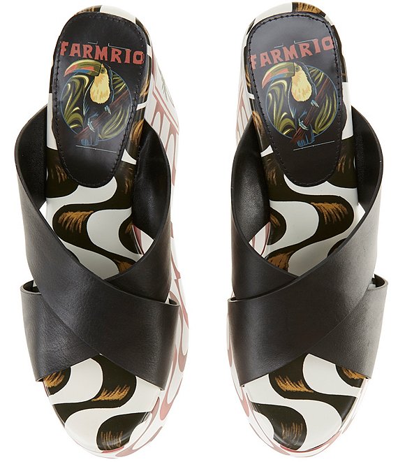 Farm Rio Copacabana Leather Printed Wedge Platform Slide Sandals
