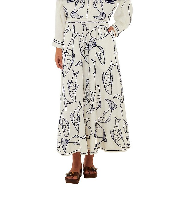 Farm Rio Fresh Fish Linen Blend Pull-On Midi Skirt