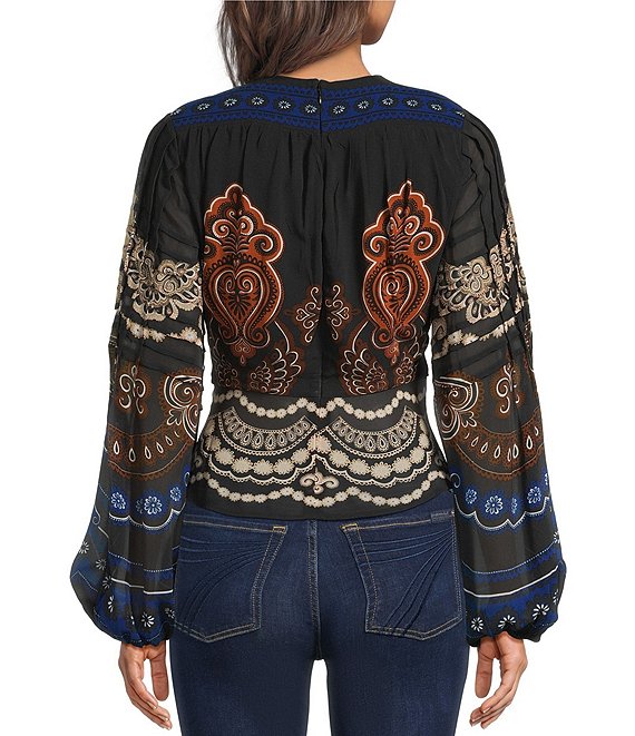 Farm Rio Nicole Printed Front Knot Keyhole Neck Long Sleeve Blouse