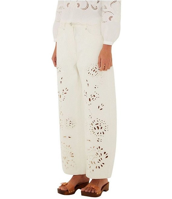 Farm Rio Richelieu White Floral Cutwork Wide Leg Twill Pant