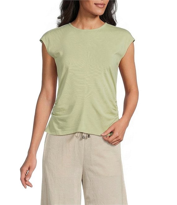Feather Gray Modal Blend Crew Neck Short Sleeve Ruched Top