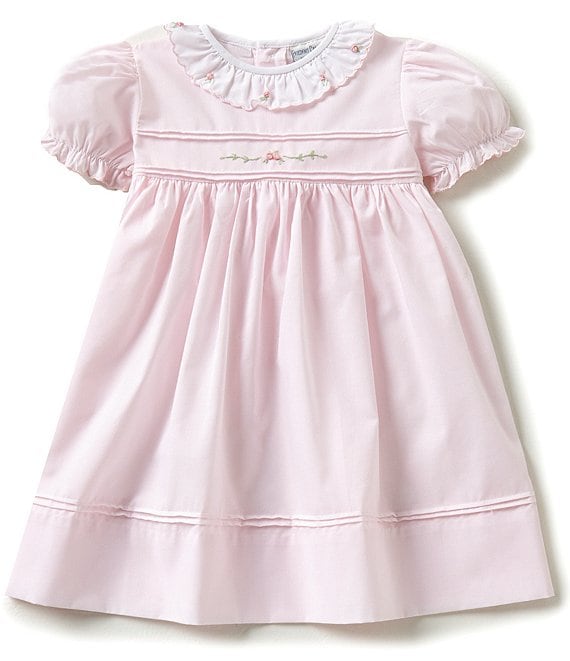 Color:Pink - Image 1 - Baby Girls 12-24 Months Ruffled Scallop Rose Embroidered Smocked Dress