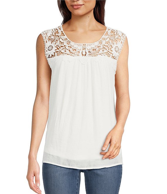 Figueroa & Flower Casandra Lace Yoke Applique Scoop Neck Sleeveless Top ...