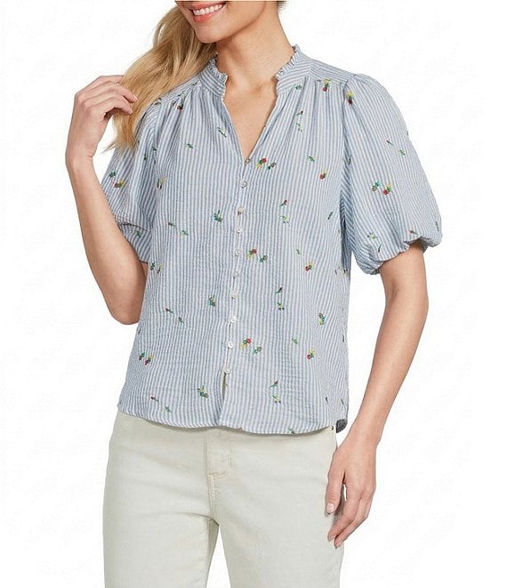 Figueroa & Flower Embroidered Stripe Ruffle Split V-Neck Short Bubble Sleeve Button-Front Blouse