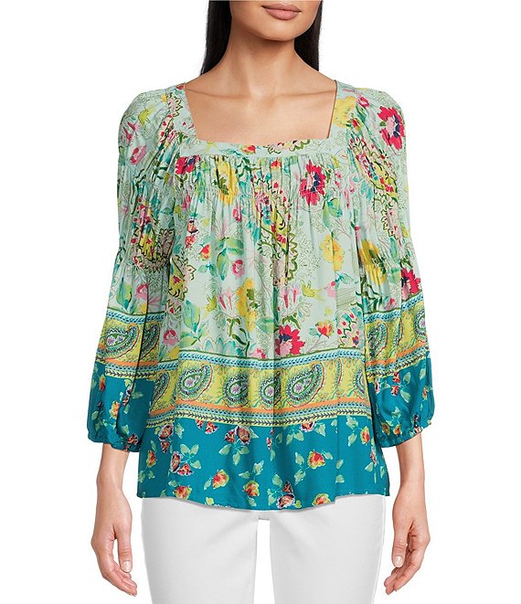 Figueroa & Flower Jarah Floral Paisley Border Print Square Neck 3/4 Smocked  Sleeve Popover Top