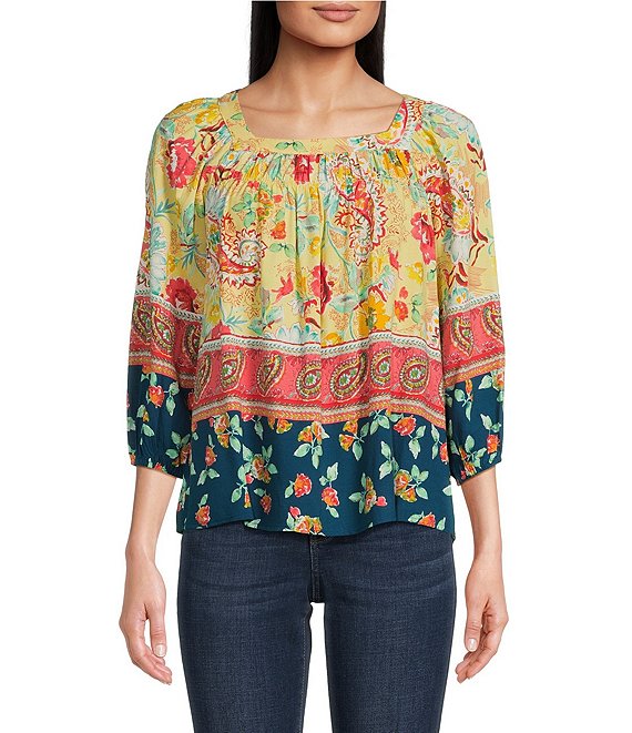 Figueroa & Flower Petite Size Printed Woven Square Neck Peasant Blouse ...