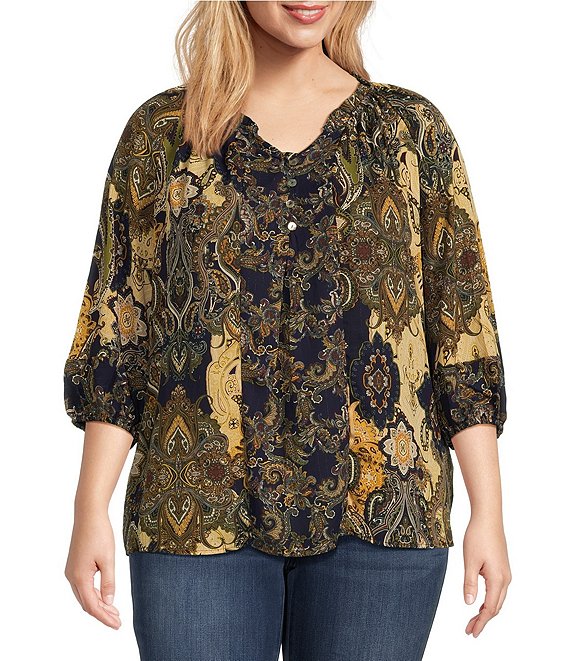 Figueroa & Flower Plus Size Printed Button Front 3/4 Sleeve Peasant ...