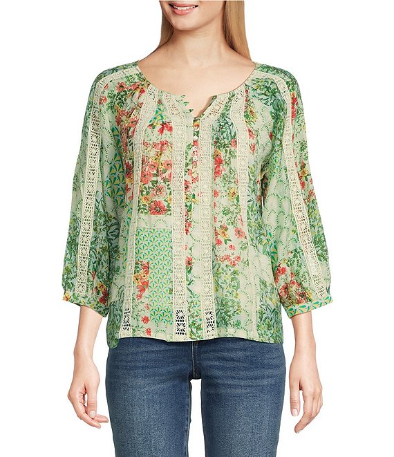 Figueroa & Flower Woven Printed Lace Detail Scoop Neck Long