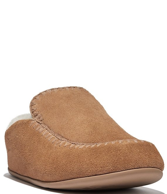 Color:Desert Tan - Image 1 - Chrissie II Haus Crochet-Stitch Suede Shearling Lined Slippers