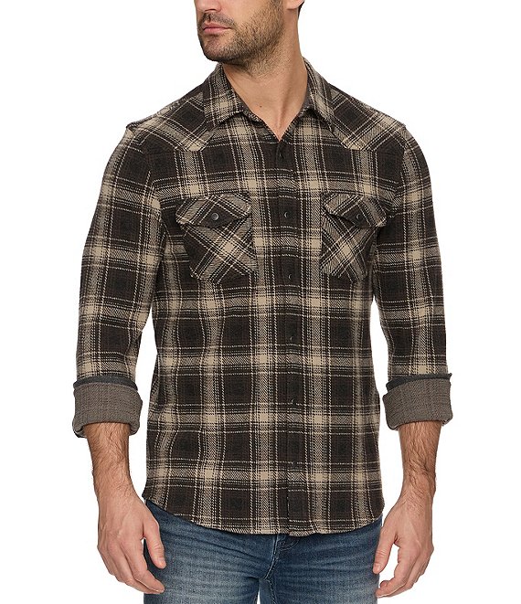 Flag and Anthem Desert Son Long Sleeve Plaid Hero Stretch Performance Flannel Western Shirt, Black/Brown/Tan - Image 1