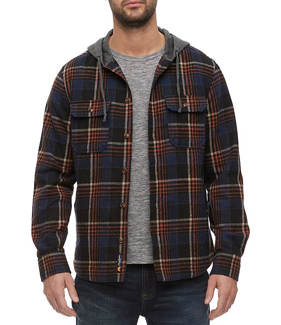Flag and Anthem Long Sleeve Summit Hooded Button Front Plaid Shirt ...