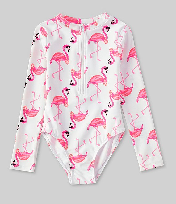 Flapdoodles Little Girls 2T-6X All Over Flamingo Print Long Sleeve Rash guard