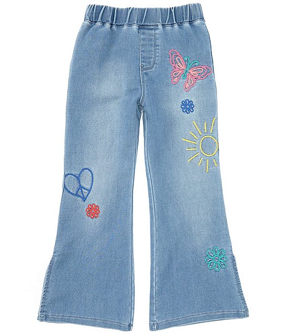 Color:Light Denim - Image 1 - Little Girls 2T-6X Fun Embroidery Print Flare Leg Denim Jeans