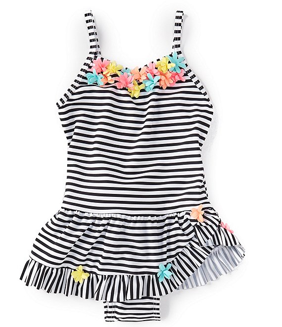 Flapdoodles Little Girls 2T-6X Striped One Piece 3D Flower Applique Swimsuit