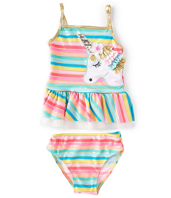 Flapdoodles Little Girls 2T-6X Unicorn Stripe Tankini Swimsuit
